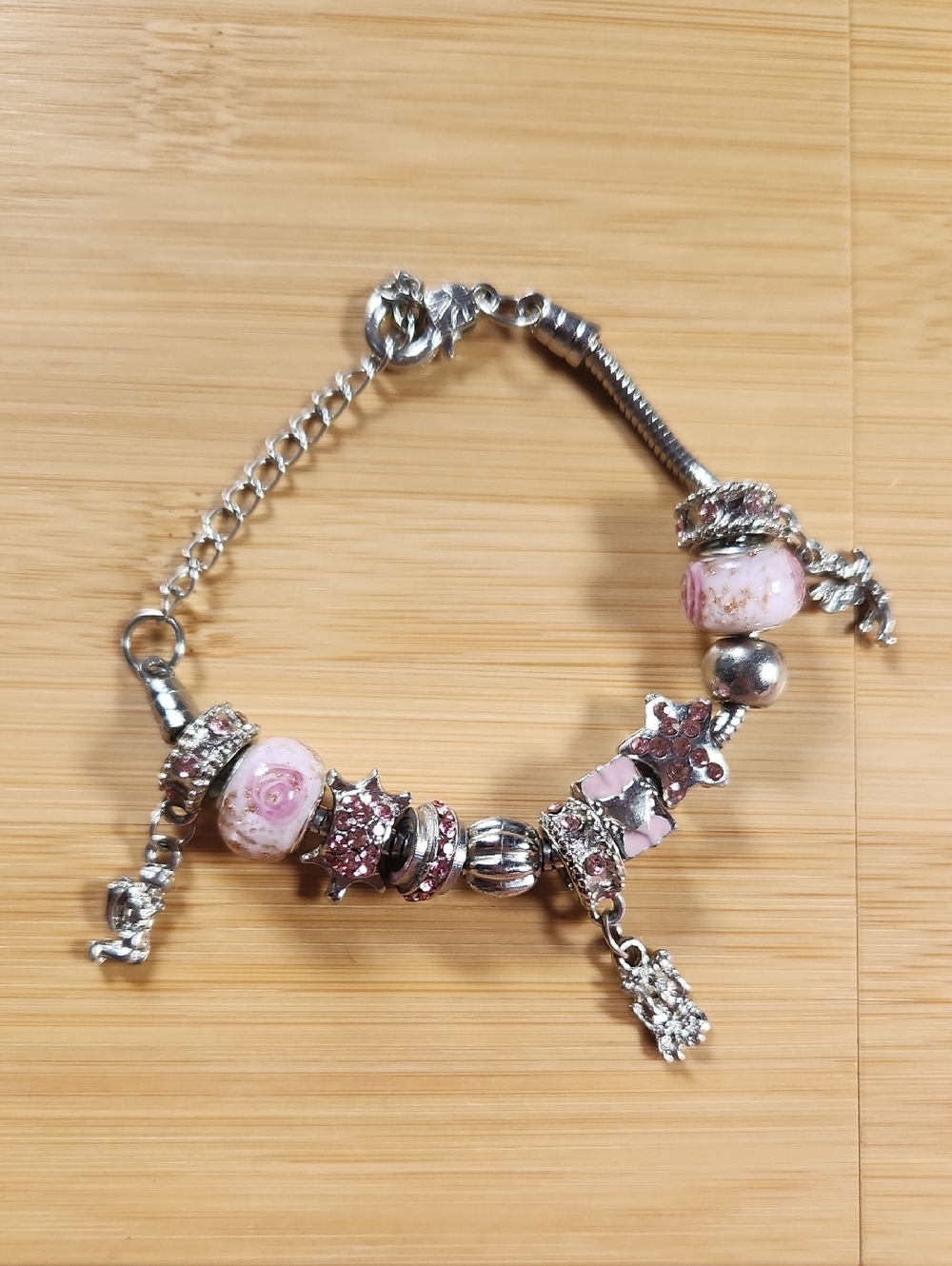 10/$20 Angel Charm Bracelet - Pink Murano-Style Glass & Rhinestone Accents *E2